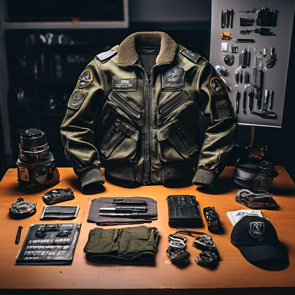 테이블 위에 올려진 올리브색 MA-1 비행자켓이 디테일과 함께 정밀하게 분석되고 있는 모습이다.