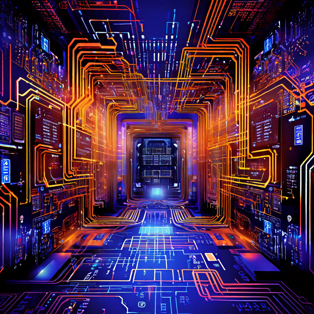 컴퓨터 칩 내부의 복잡한 회로도에서 '배경 제거' 구역이 흐릿한 이미지와 씨름하며, 최적화를 가리키는 화살표가 뻗어 나가는 모습이다.