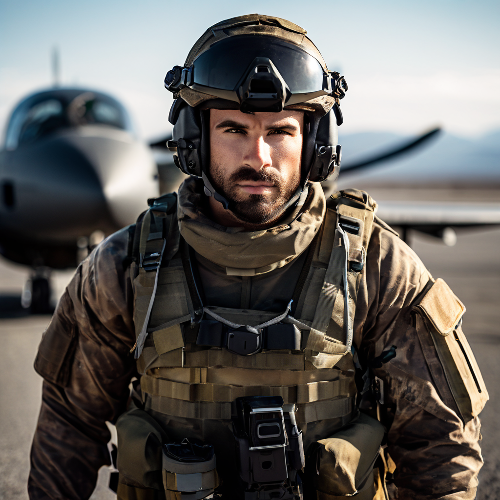 전술 항공 점퍼와 카고 팬츠를 입고 역동적인 자세로 전투 준비를 마친 군인의 모습이다.