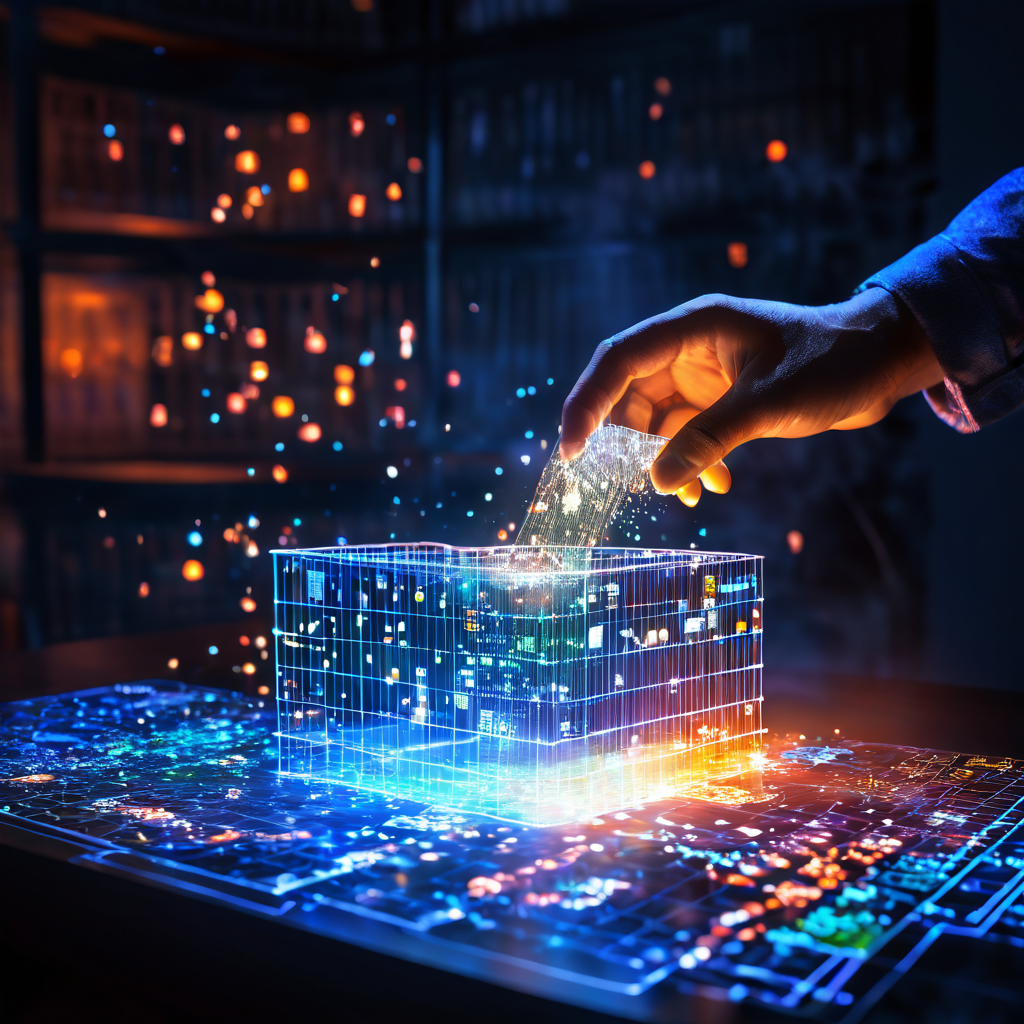 혼란스러운 스프레드시트 위로 빛나는 데이터 필터를 올려놓은 손이 지저분한 숫자를 깔끔한 빛의 줄기로 변환시키고 배경에는 휴지통이 희미해집니다.