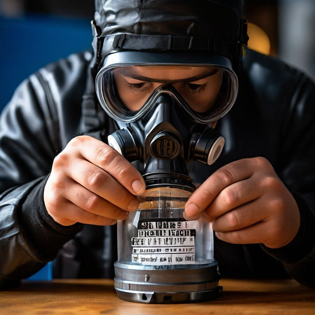 안전 장비를 착용한 사람이 원통형 가스 마스크 필터의 유통기한 라벨을 집중적으로 확인하는 모습이다.