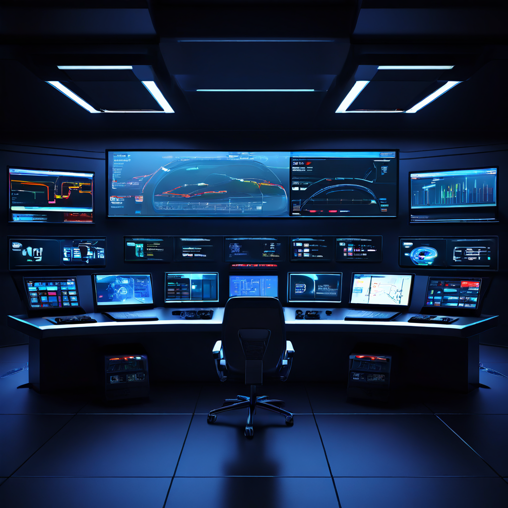 중앙 슬라이드 템플릿에서 여러 모니터 화면으로 퍼져 나가는 디자인 요소를 가진 세련된 통제실 대시보드 모습이다.