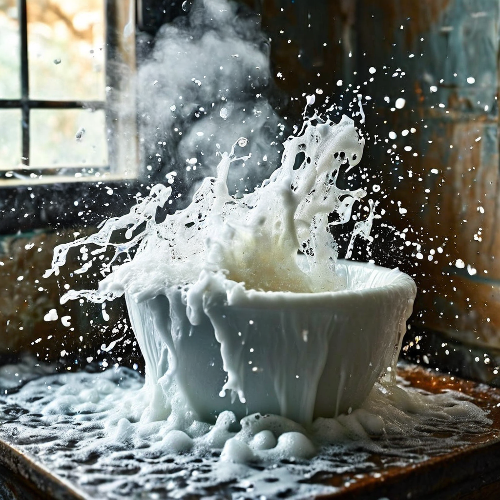 변기에 뜨거운 물을 붓는 위험한 행동으로 인해 샴푸가 화학 반응을 일으키며 거품이 넘치고 있는 상황을 보여주는 이미지로, 가정 내 화학 물질 혼합 사고의 위험성을 경고합니다.