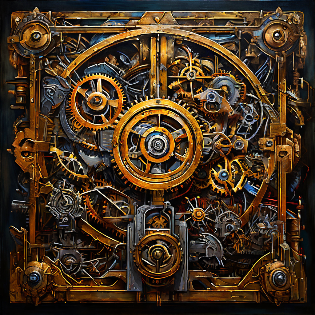단어라고 적힌 복잡한 기계가 톱니바퀴와 오류 표시로 아름다운 그림을 훼손하는 모습입니다.
