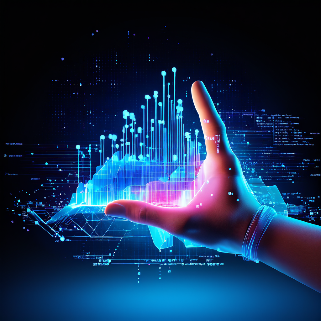 어지러운 발표 슬라이드에서 디지털 손이 깔끔한 자료 조각을 뽑아 빛나는 데이터 흐름과 그래프로 변환하는 모습이다.