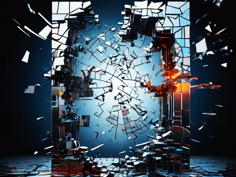 표절 시도가 실패한 개념을 형상화한 이미지로, 서로 맞지 않는 데이터 흐름과 연결되지 않는 깨진 퍼즐 조각들이 산산조각난 거울에 반사되어 있습니다.