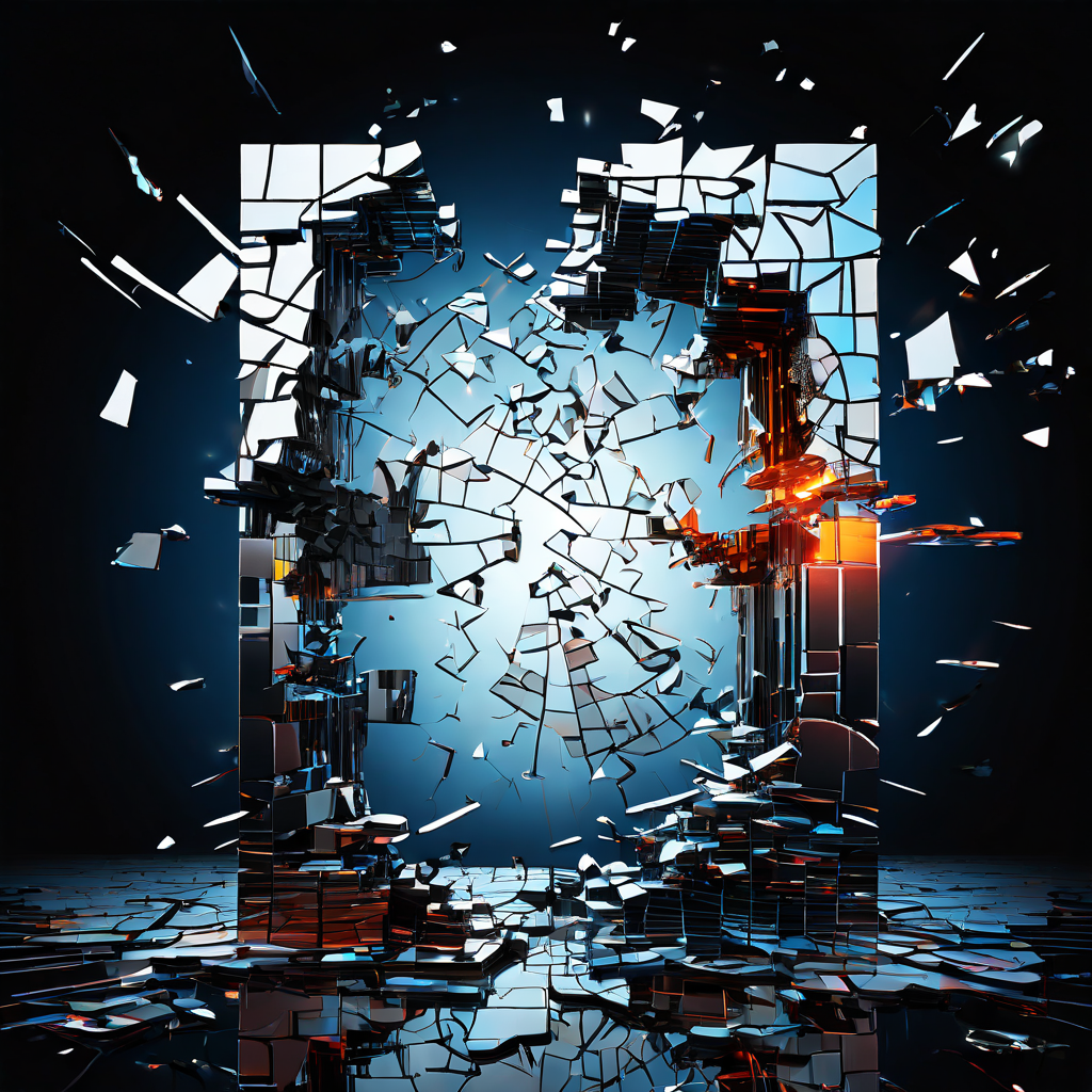 표절 시도가 실패한 개념을 형상화한 이미지로, 서로 맞지 않는 데이터 흐름과 연결되지 않는 깨진 퍼즐 조각들이 산산조각난 거울에 반사되어 있습니다.