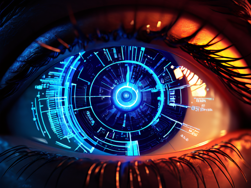 데이터 분석가의 시선이 게임 경쟁의 표면 아래 숨겨진 진실을 드러내는 빛나는 데이터 스트림을 통해 게임의 핵심을 꿰뚫어 보고 있는 모습을 상징적으로 표현한 이미지입니다.