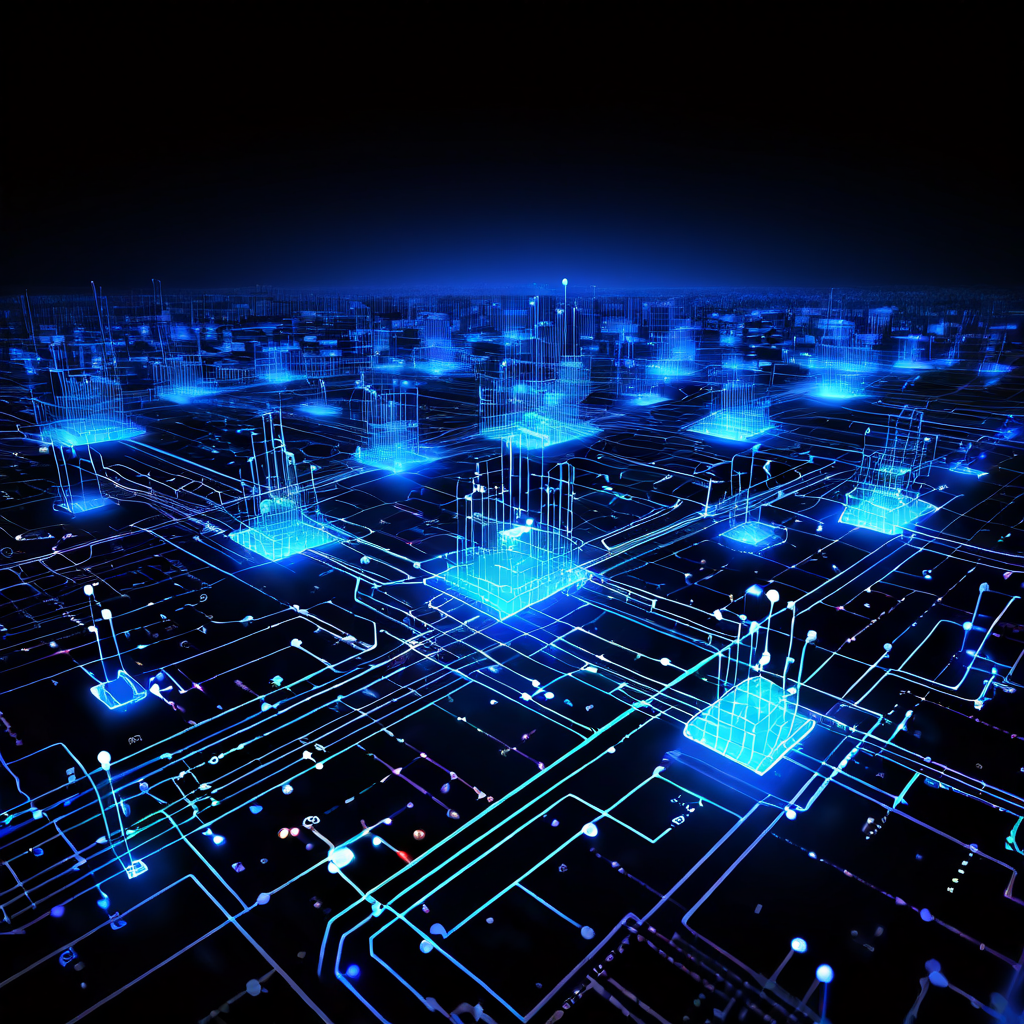 데이터 흐름이 강조된 복잡한 디지털 네트워크 아키텍처 다이어그램으로, 트래픽 병목 현상을 제거하고 연결 효율성을 높이기 위해 재구성되고 있는 모습을 보여줍니다.